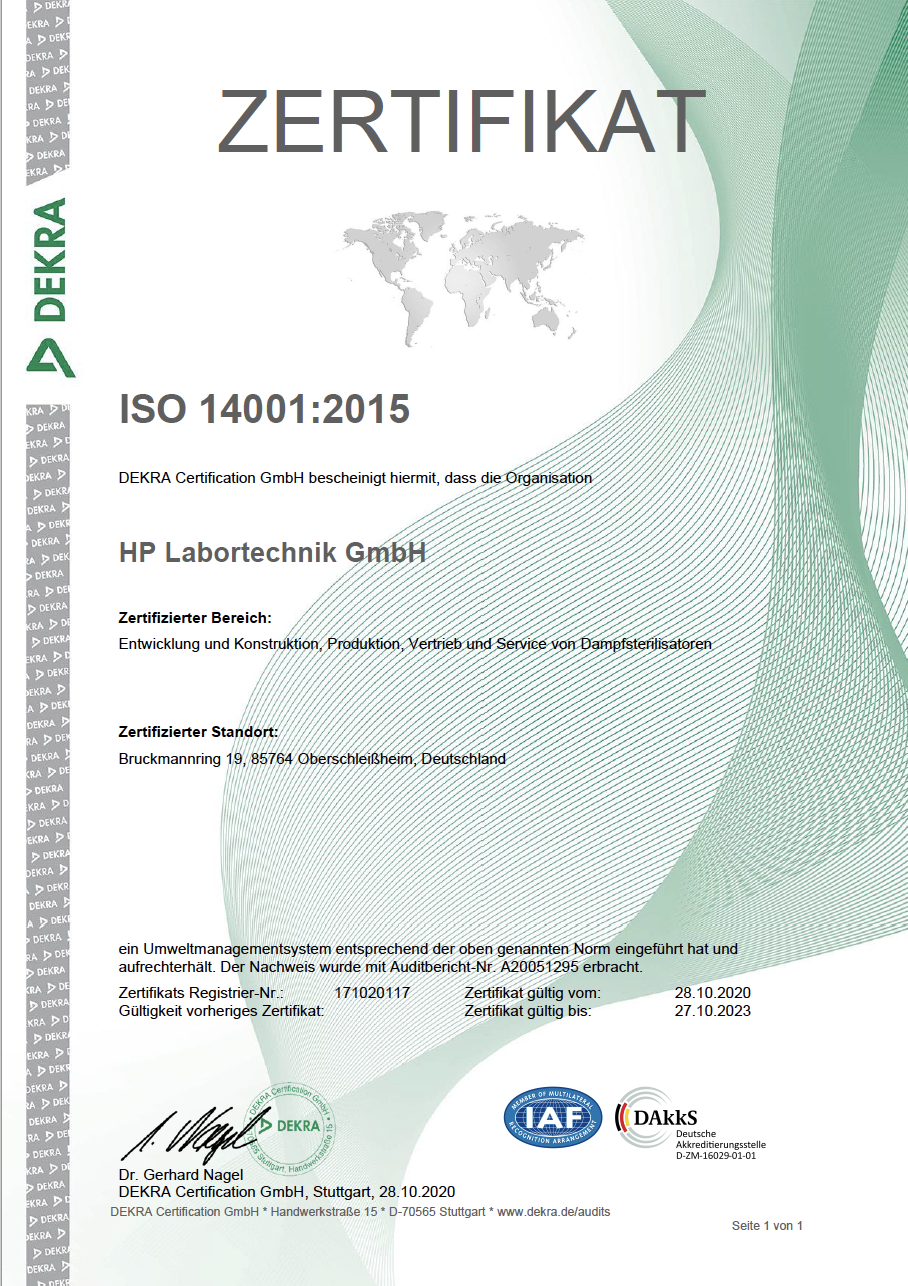 HP Labortechnik ISO-Zertifikat 14001:2015